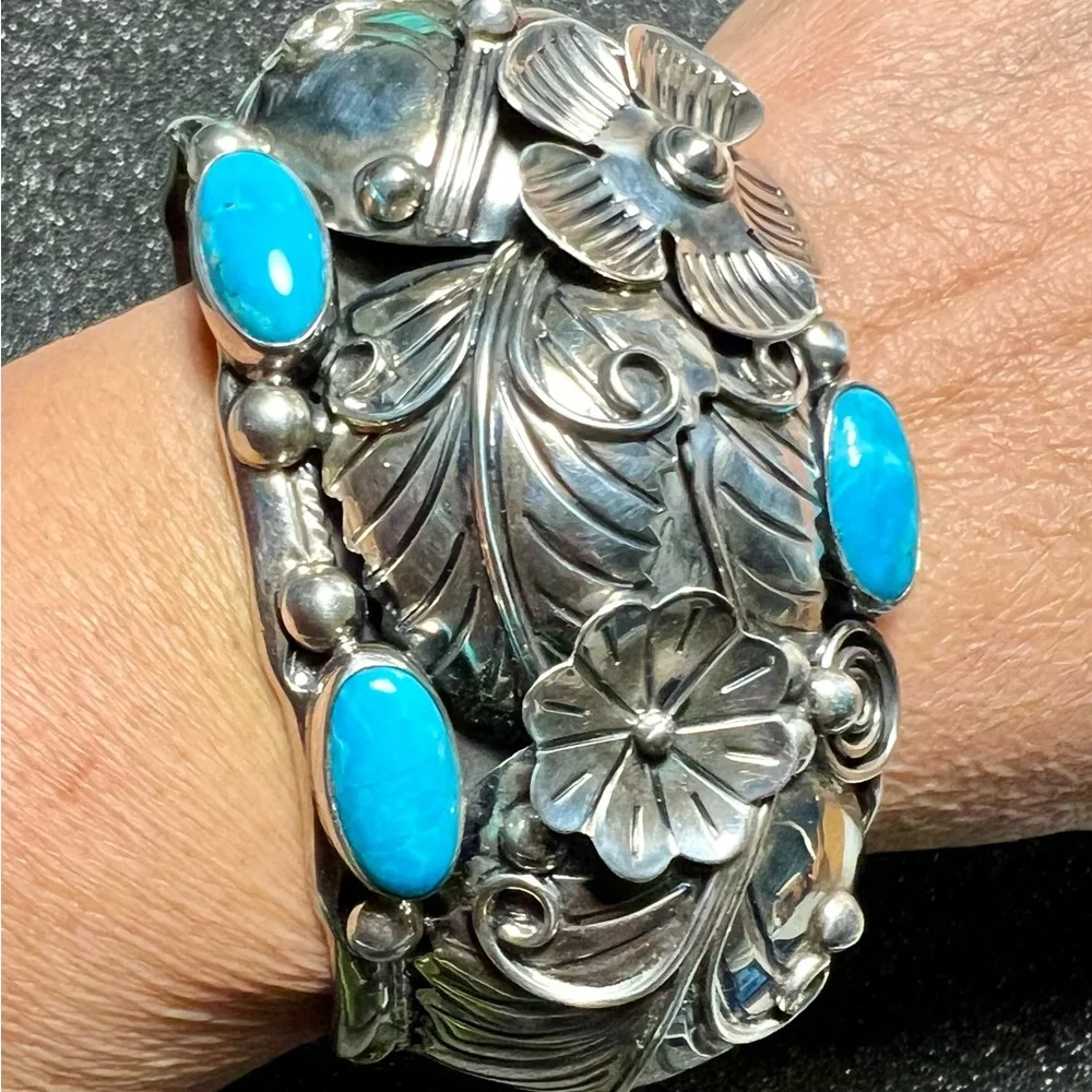 Vintage sterling silver Cuff Bracelet c11 925 Mexico Flower design/ turquoise - Picture 2 of 16